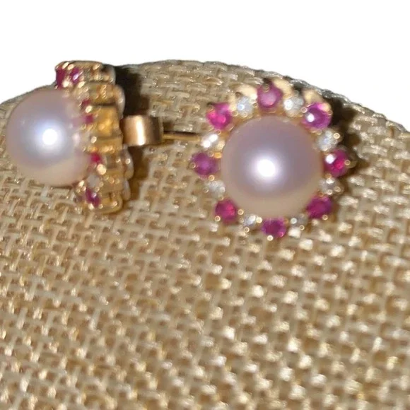 14K Stamped Yellow Gold Pearl Ruby Diamond Earrings